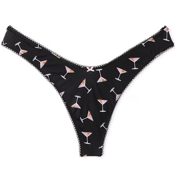 Victoria's Secret High-Leg Thong Panty Cocktail Martini Print Lacy Satin Bow Y2K - Picture 9 of 13
